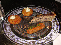 Fish cakes, mushroom tart and lamb goujon at The Bon Vivant, Thistle St, Edinburgh