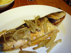 Sea bass with fennel at Loch Fyne restaurant, Newhaven Harbour, Edinburgh
