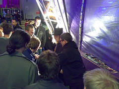 Jerry Sadowitz signing autographs outside the Udderbelly at the Edinburgh Festival Fringe