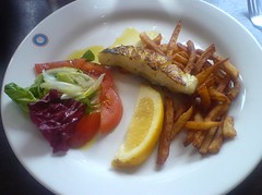 Cod 'fillets' with salad and fries at Dionika, Edinburgh