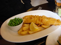 Traditional beer battered fish & chips with garden peas at the Café Royal, Edinburgh