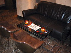 Comfy seating and coffee table in back room of the Dragonfly bar, Edinburgh